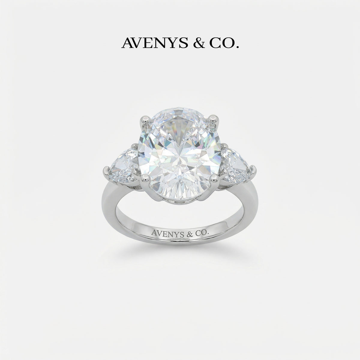 Oval Trilogy Pear Ring with White Oval Stone – on White Gold