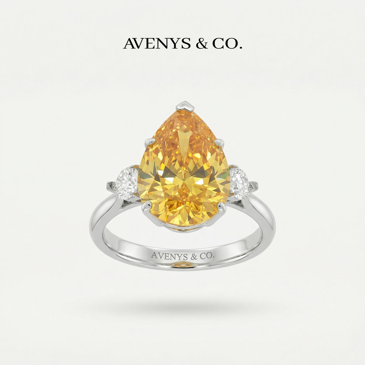 Pear Trilogy Ring with Yellow Pear Stone – on White Gold