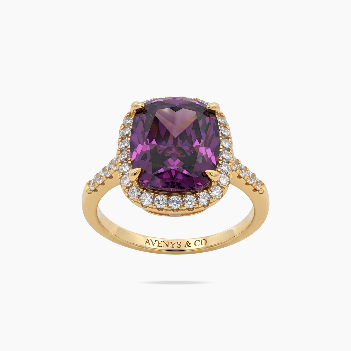 Amethyst Halo Ring with Purple Cushion Stone – on Yellow Gold