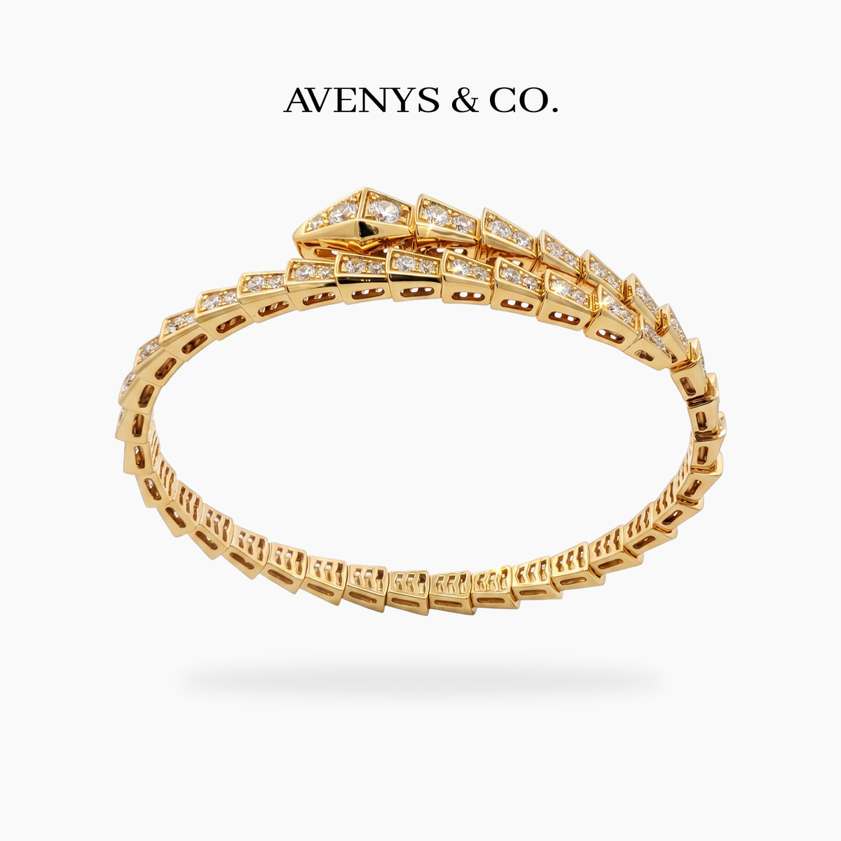 Coil Full Pave Bangle with White Round Stone – on Yellow Gold