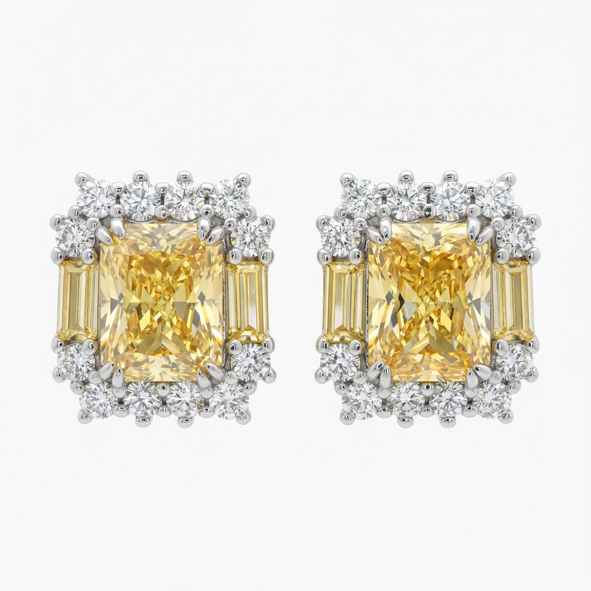 Sunshine Halo Earrings with Yellow Radiant Stone – on White Gold