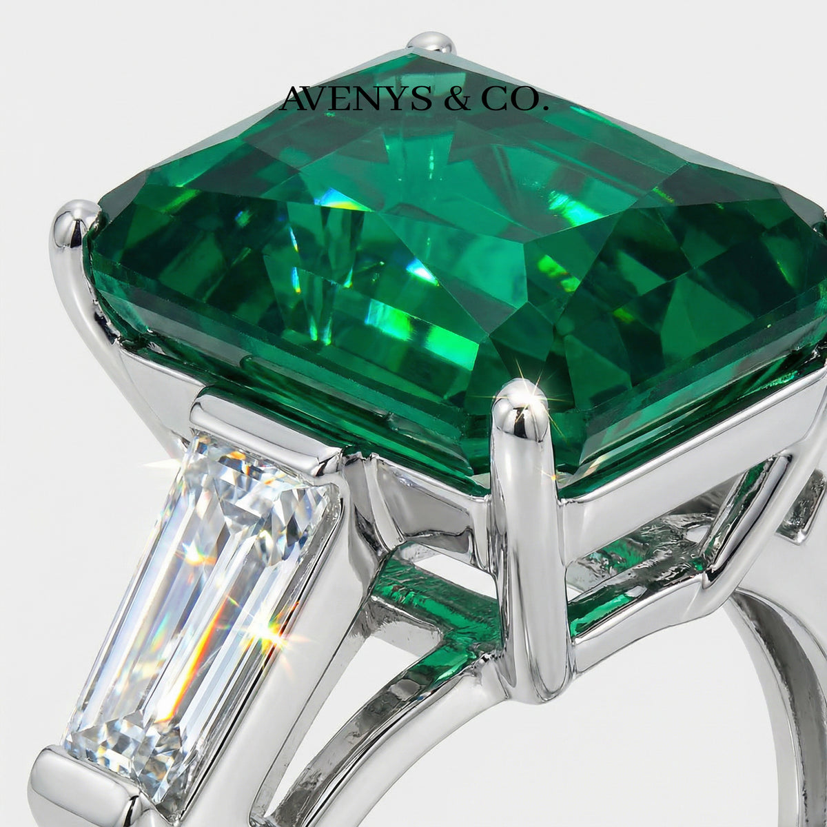 Emerald Trilogy Ring with Green Emerald Stone – on White Gold
