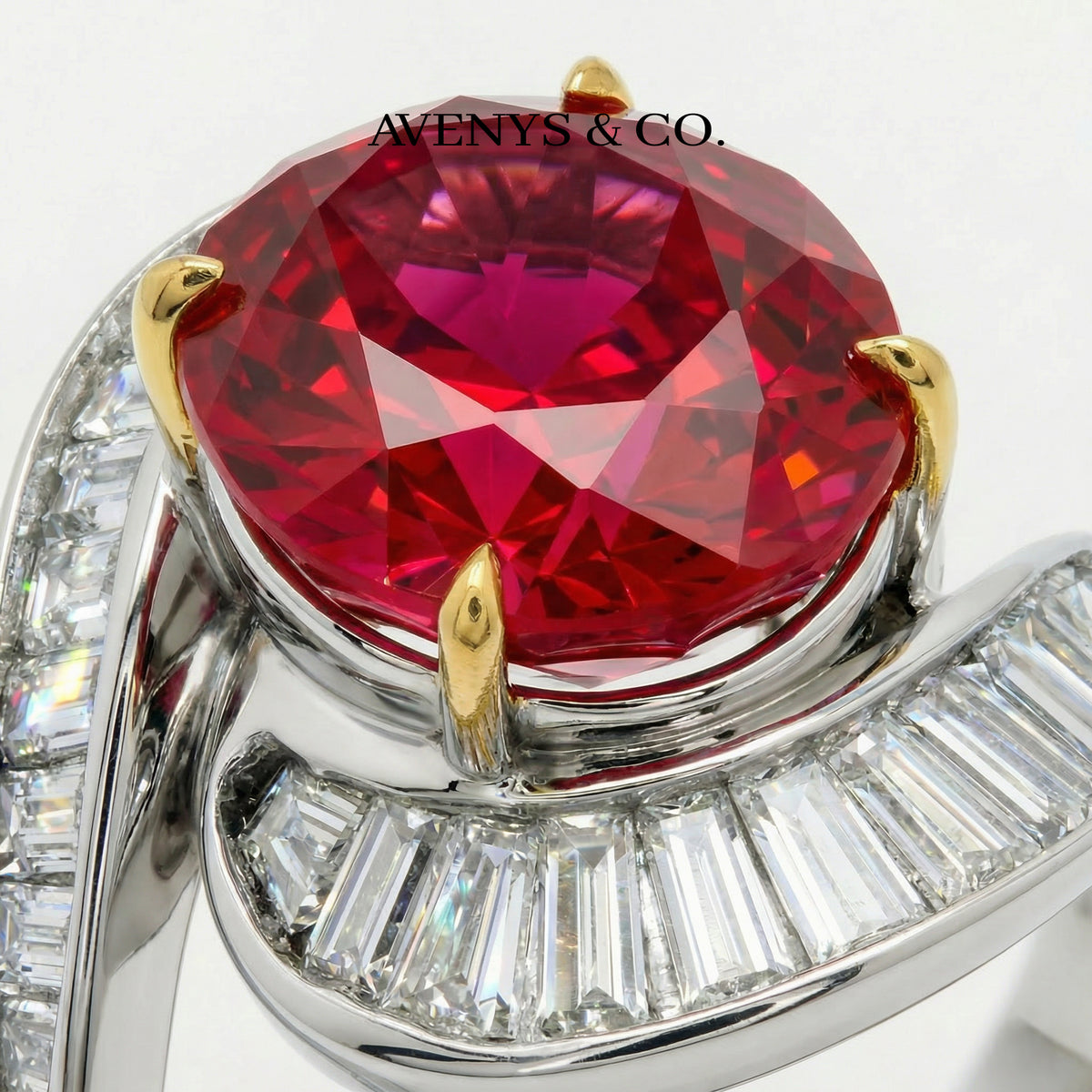 Eclipse Ring with Avenys Created Pigeon Blood Oval Ruby – on White Gold