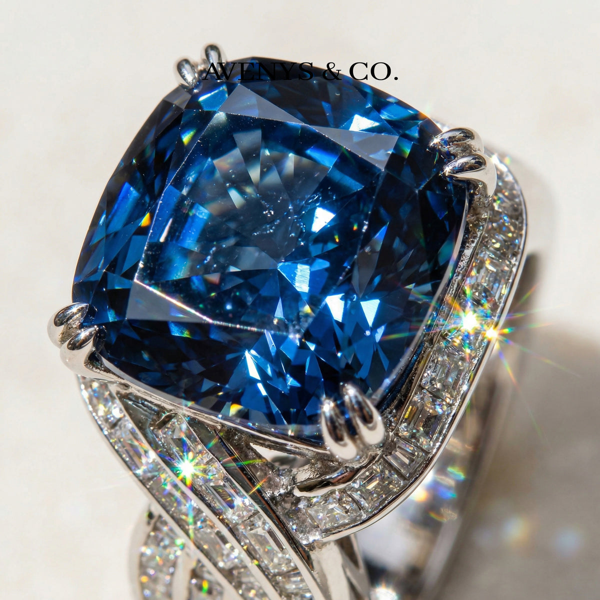 Citadel Pave Ring with Blue Cushion Stone – on White Gold