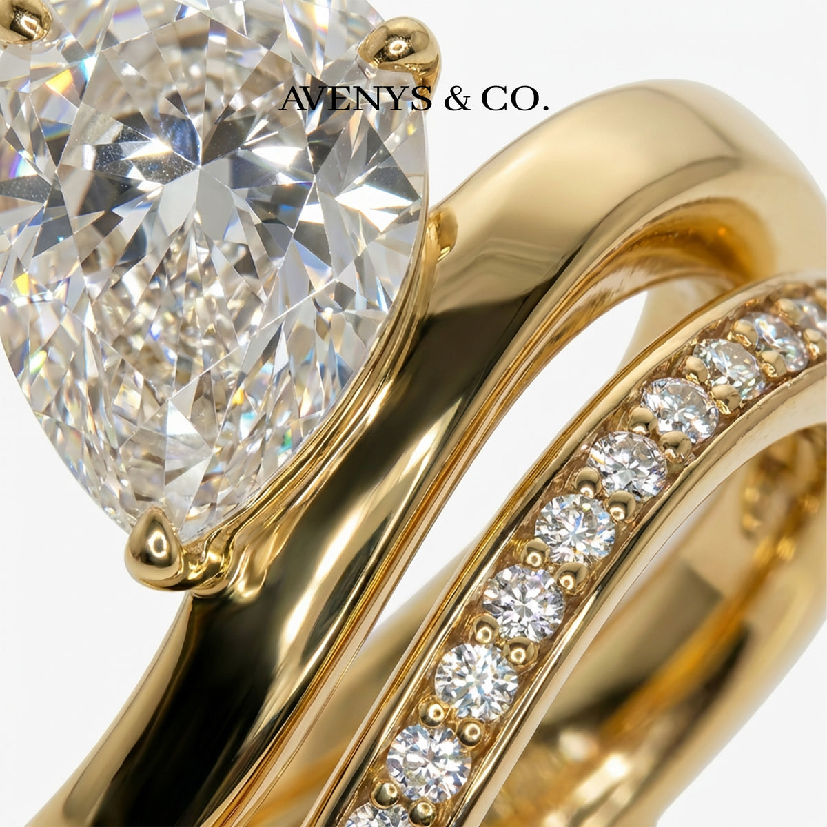 Wave Pave Double Ring with White Pear Stone – on Yellow Gold