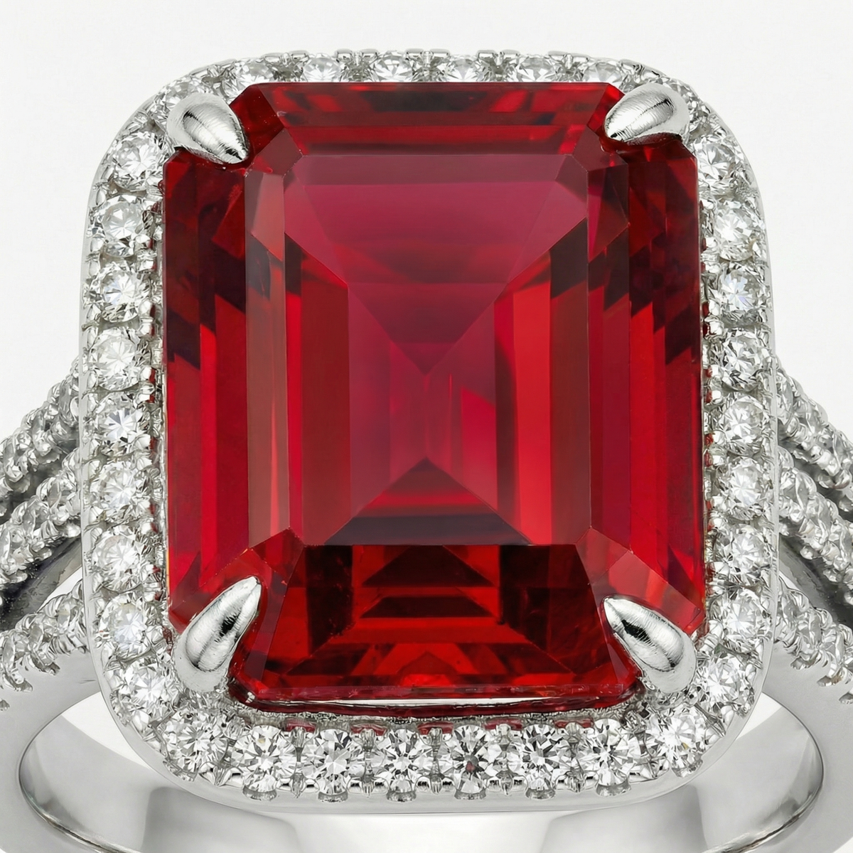Triple Shank Radiant Ring with Red Radiant Stone – on White Gold