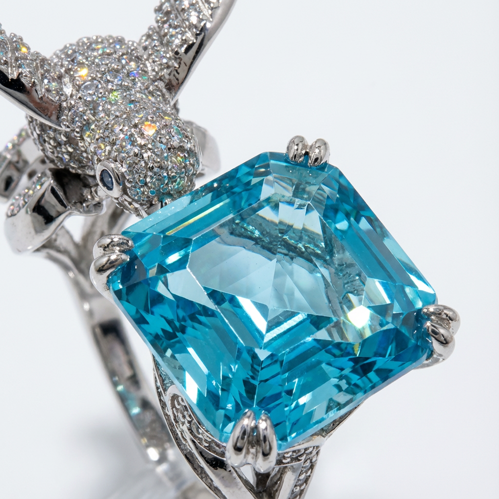Bird Nesting Ring with Aquamarine Asscher Stone – on White Gold