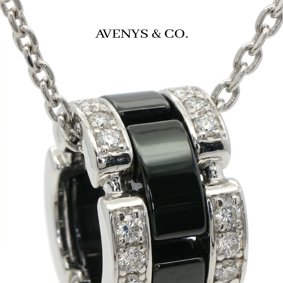 Connected Necklace with Black Round Stone – on White Gold
