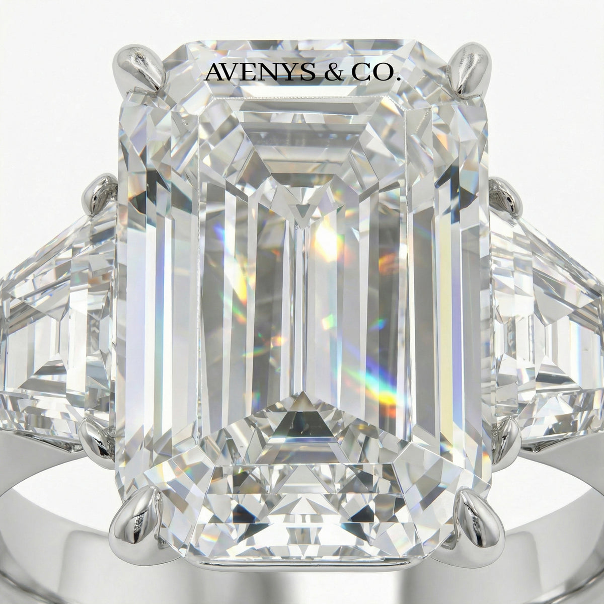 Trilogy Ring with White Emerald Stone – on White Gold
