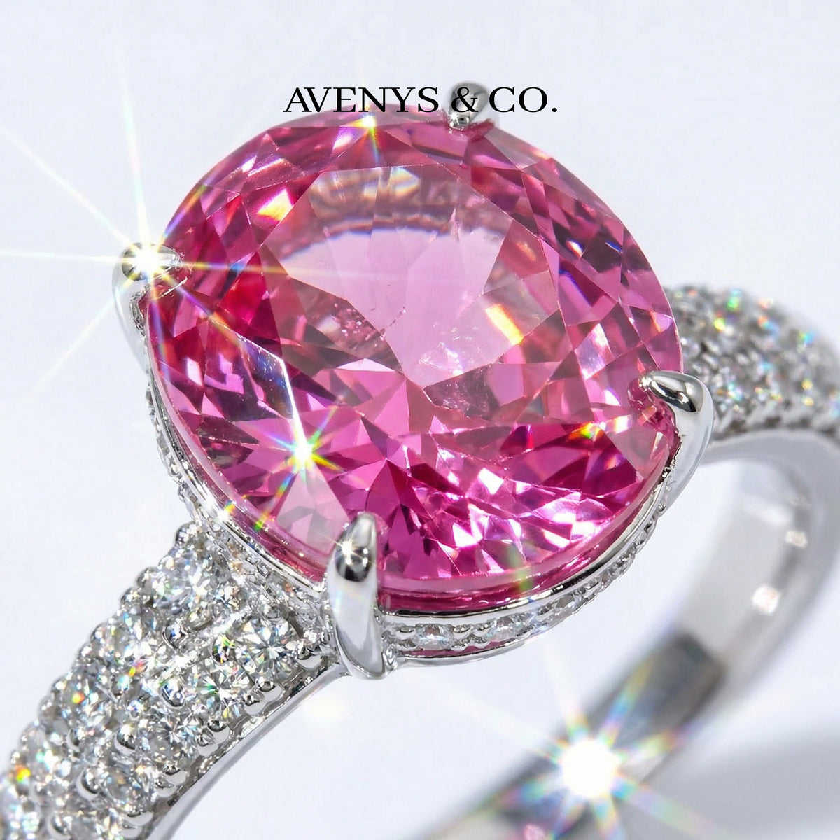 Oval Pave Ring with Pink Oval Stone – on White Gold