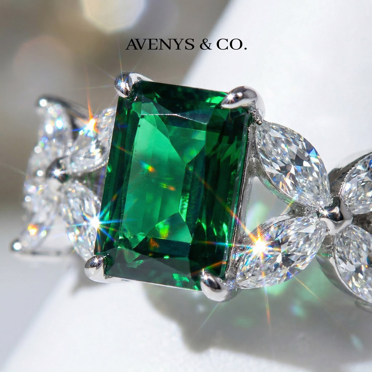 Emerald Marquis Ring with Green Emerald Stone – on White Gold