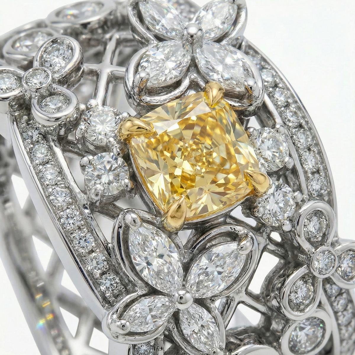 Summer Floral Ring with Yellow Cushion Stone – on White Gold
