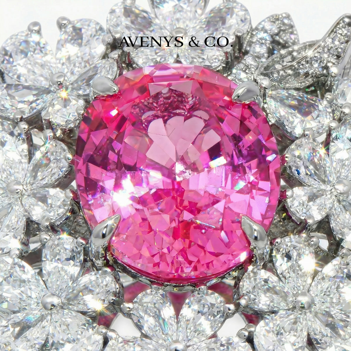 Flower Halo Ring with Pink Oval Stone – on White Gold