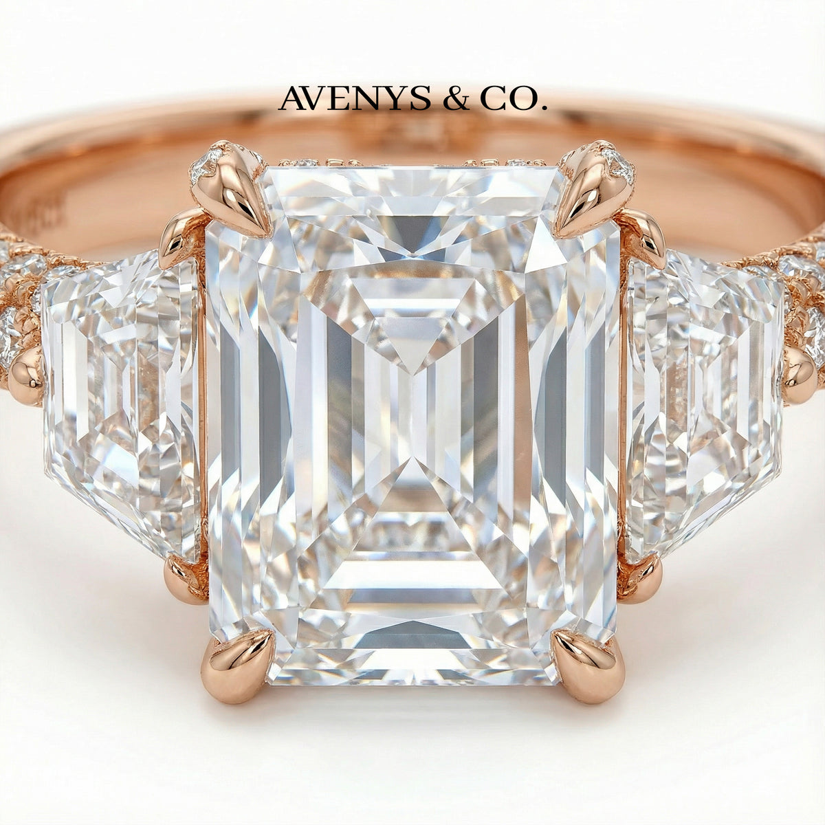 Trilogy Pave Ring with White Emerald Stone – on Rose Gold