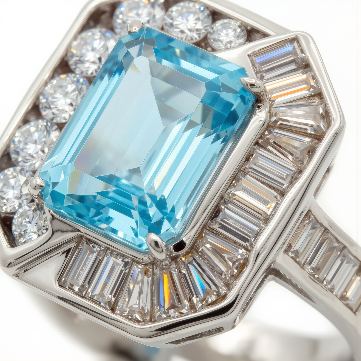 Emerald Frame Ring with Aquamarine Emerald Stone – on White Gold