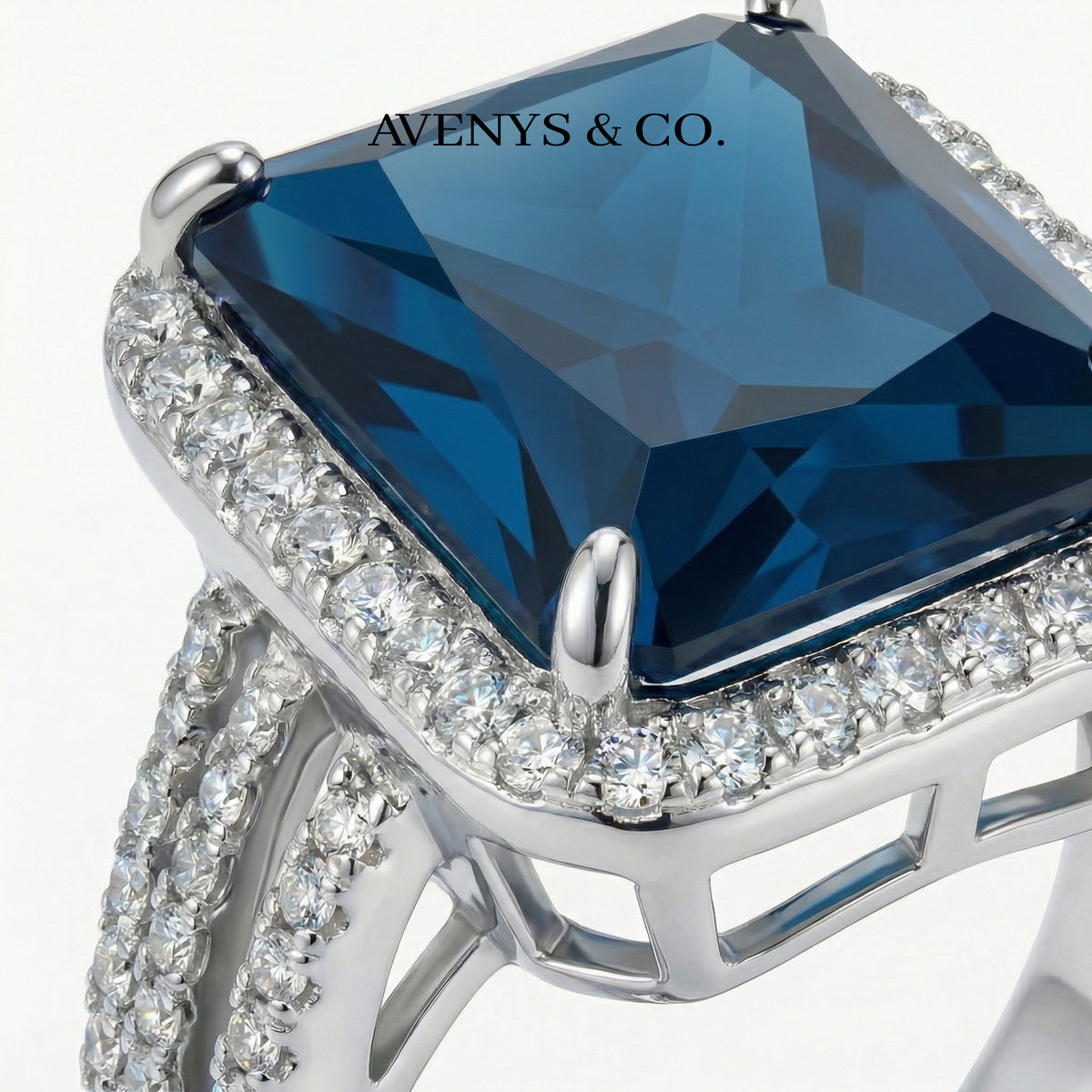Triple Shank Radiant Ring with Blue Radiant Stone – on White Gold