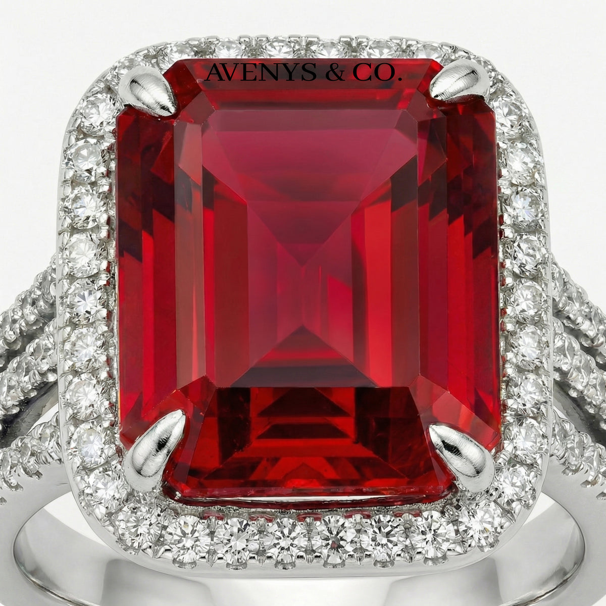 Triple Shank Radiant Ring with Red Radiant Stone – on White Gold