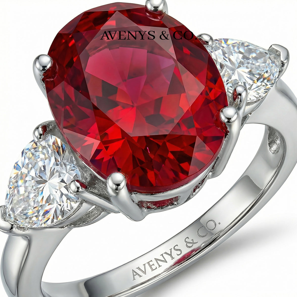 Oval Trilogy Pear Ring with Red Oval Stone – on White Gold