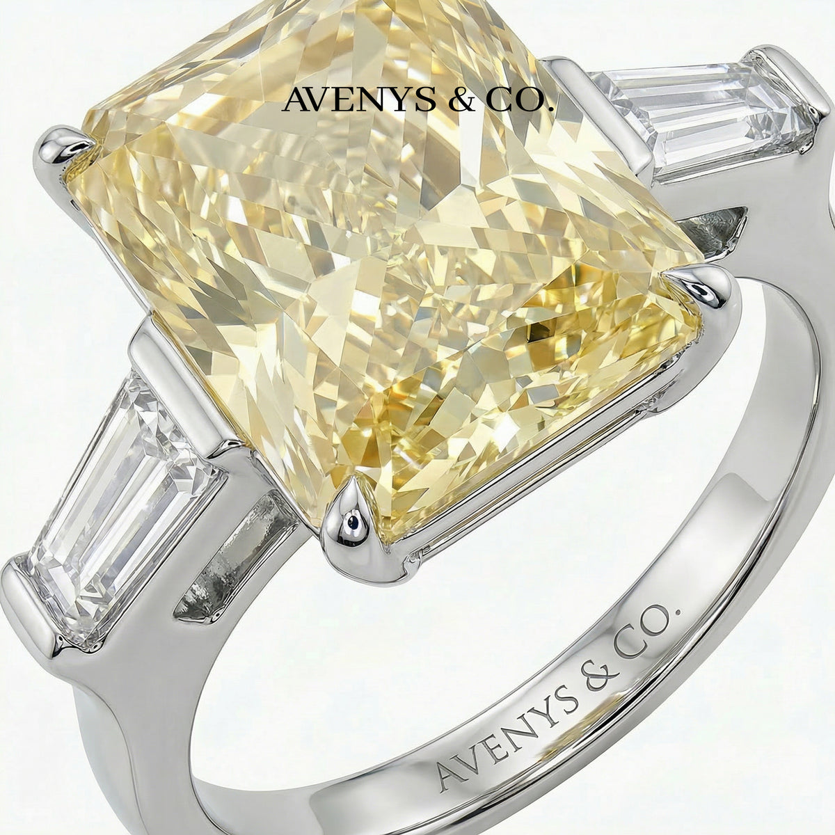 Radiant Trilogy Ring with Yellow Radiant Stone – on White Gold