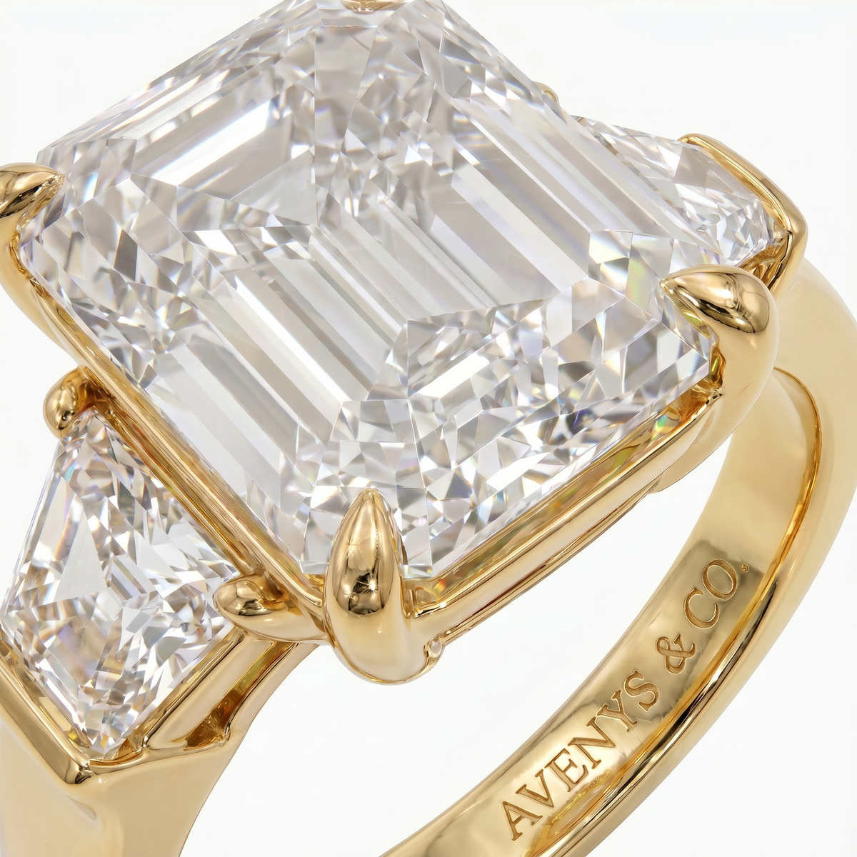 Trilogy Ring with White Emerald Stone – on Yellow Gold