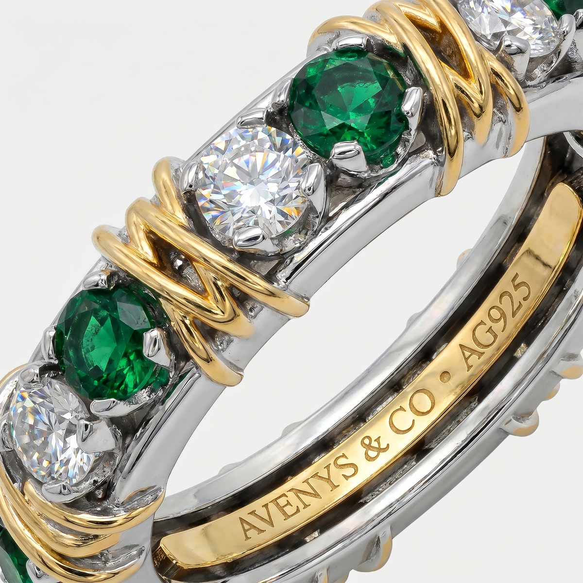 AV Signature Ring Womens with Green Round Stone – on White Gold