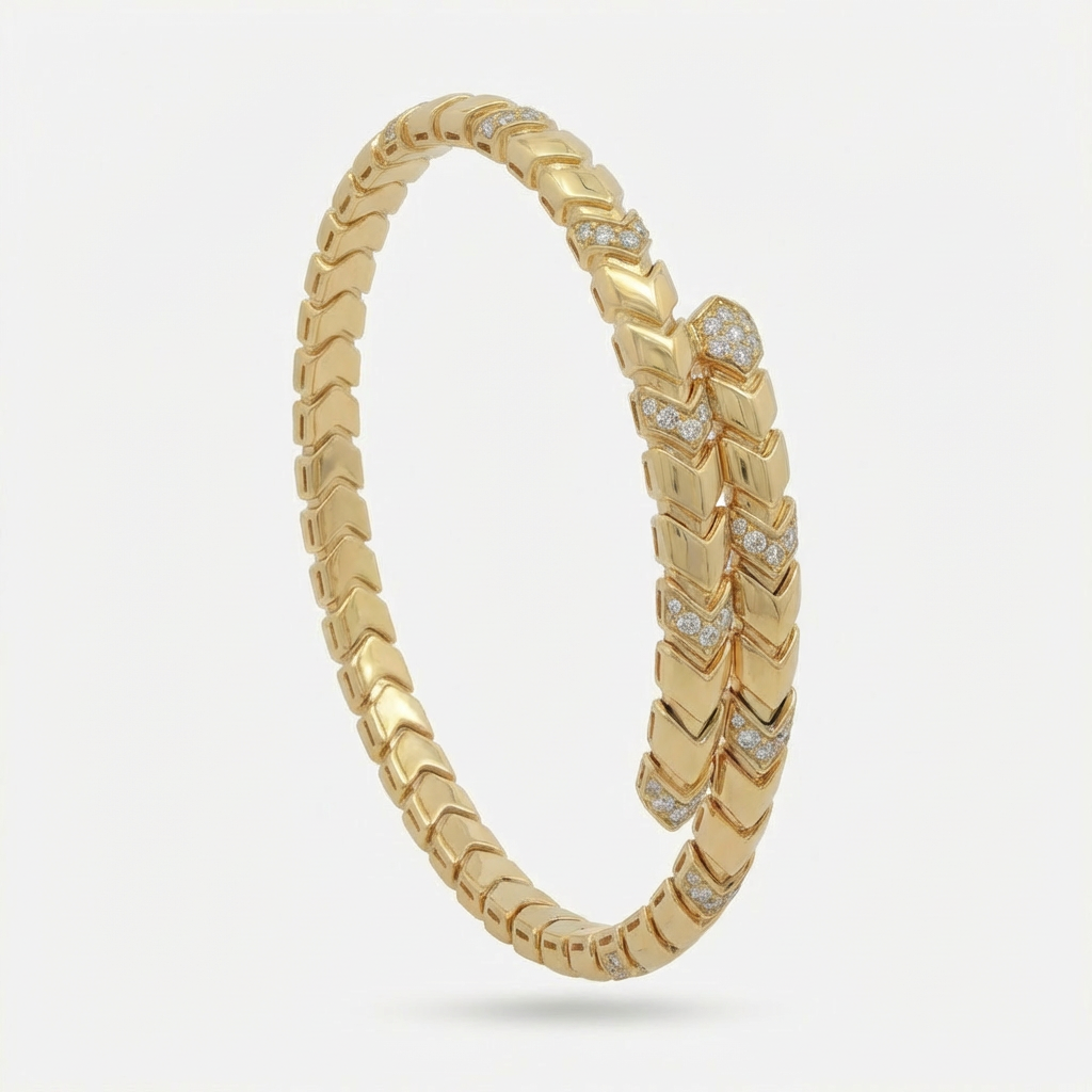 Chevron Bangle Chevron Bangle with White Round Stone – on Yellow Gold – AVENYS MALAYSIA