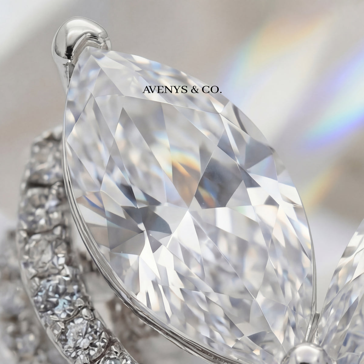 Butterfly Pave Ring with White Marquise Stone – on White Gold