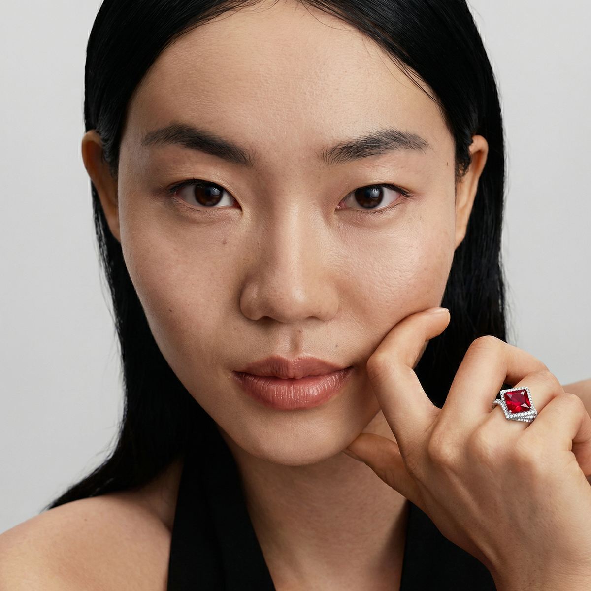 Side Radiant Ring with Red Radiant Stone – on White Gold