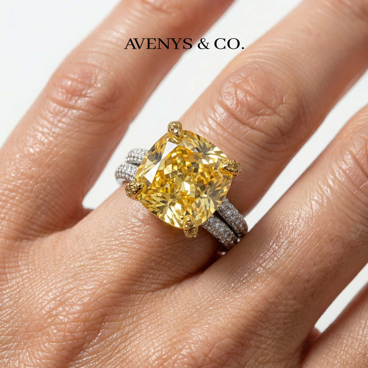 Double Shank Cocktail Ring with Yellow Cushion Stone – on White Gold