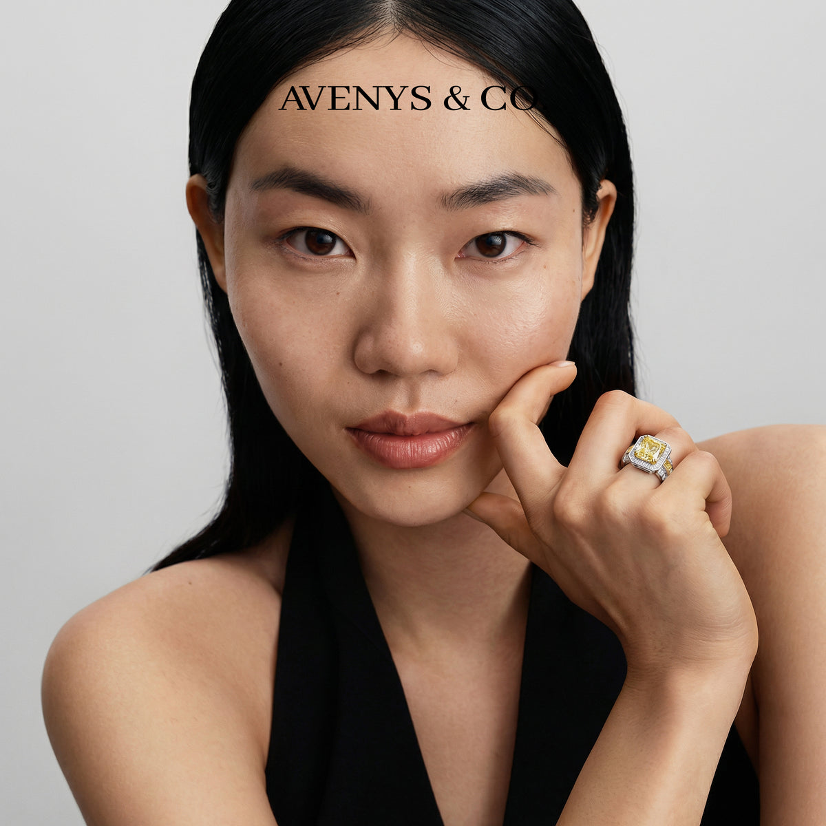 Radiant Halo Pave Ring with Yellow Round Stone – on White Gold