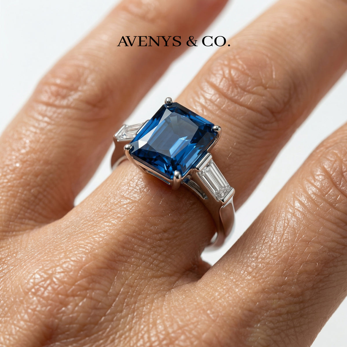 Radiant Trilogy Ring with Blue Radiant Stone – on White Gold