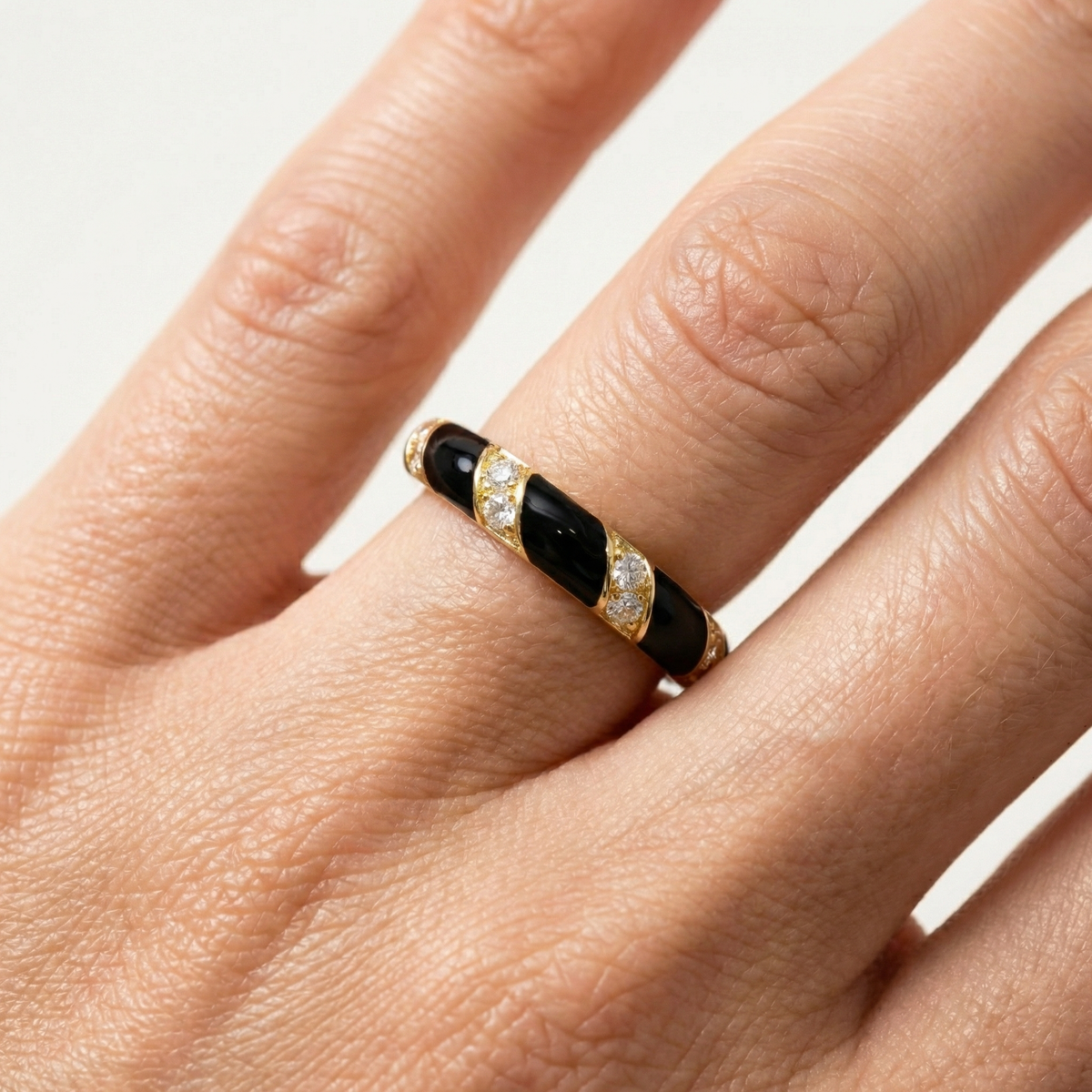 Black Gold Ring with White Round Stone – on Yellow Gold