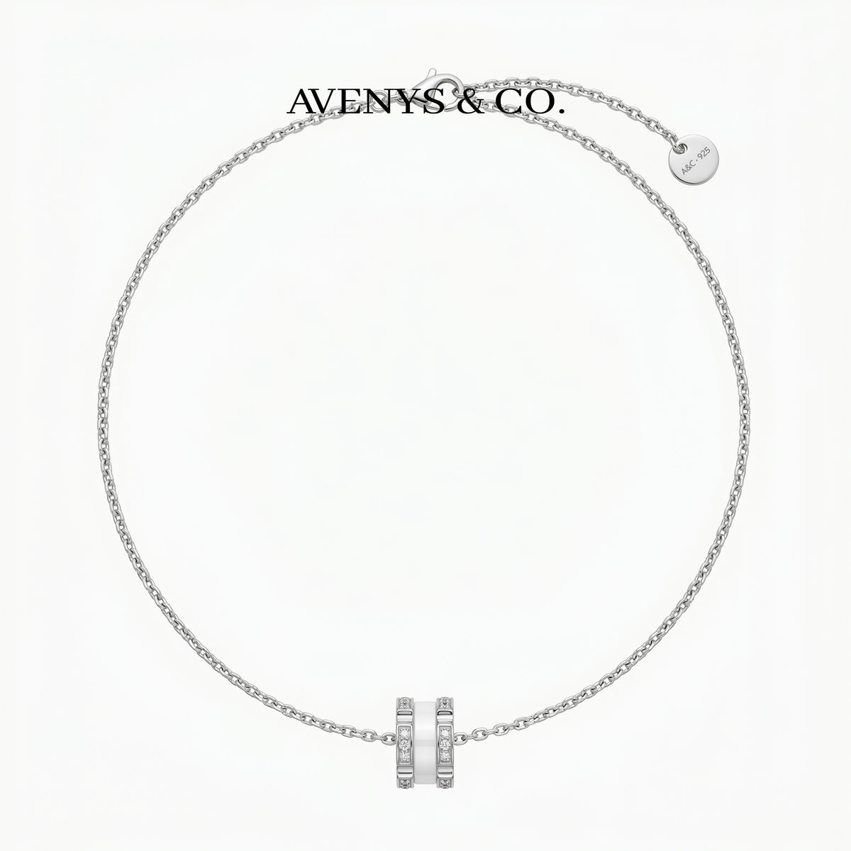 Connected Necklace with White Round Stone – on White Gold