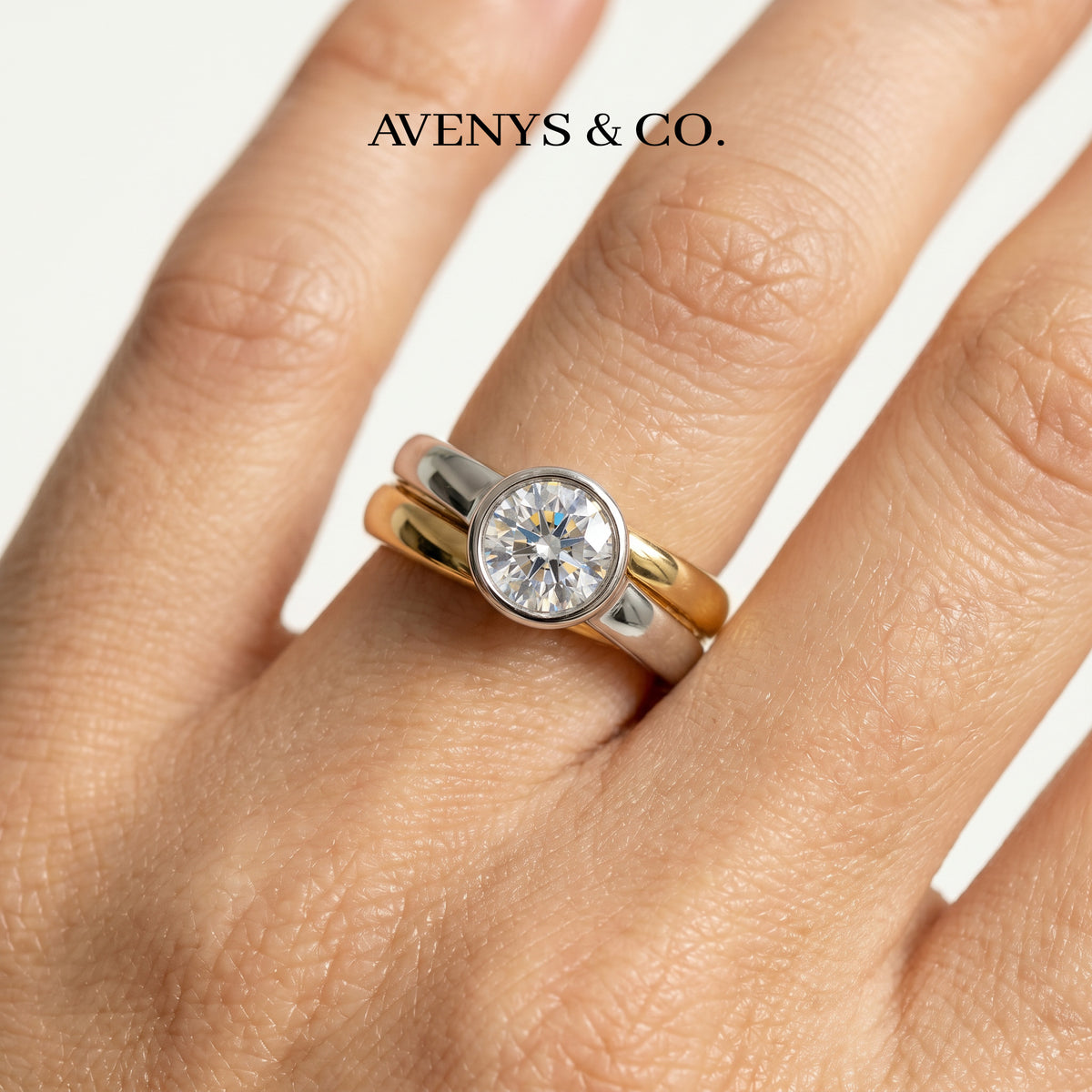 Double Stacking Solitaire Ring with White Round Stone – on Yellow Gold