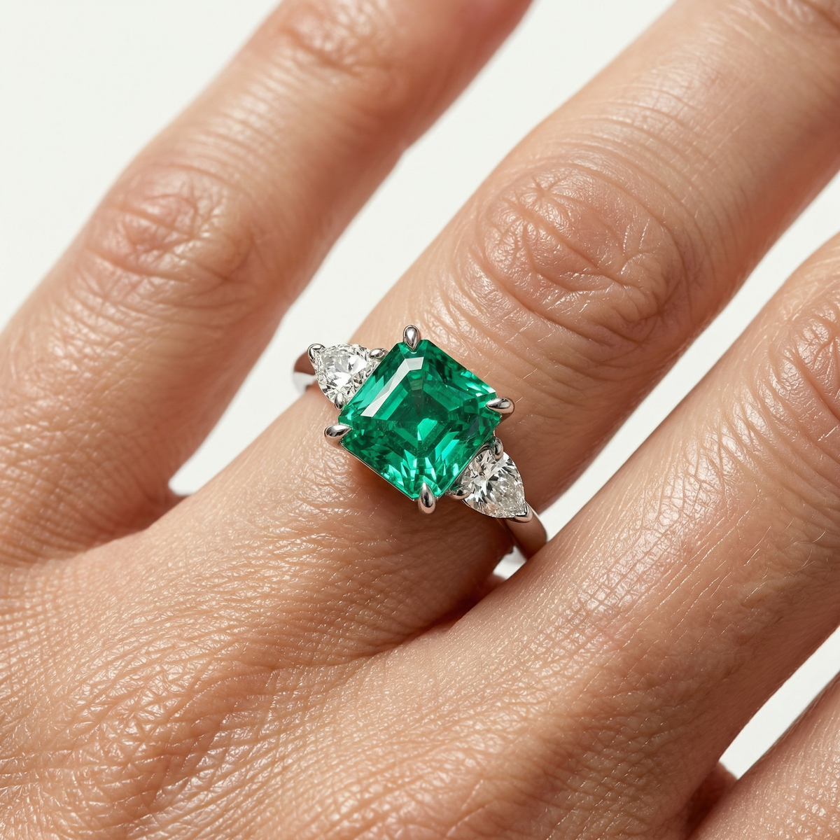 Sea Trilogy Ring with Green Pear Stone – on White Gold