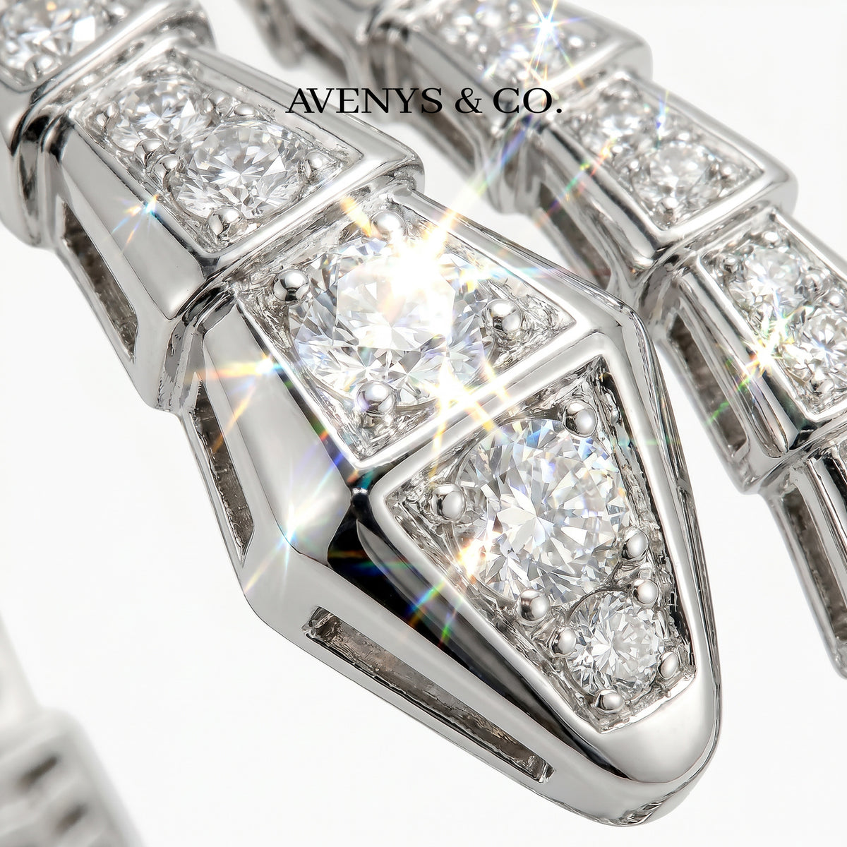 Coil Full Pave Bangle with White Round Stone – on White Gold
