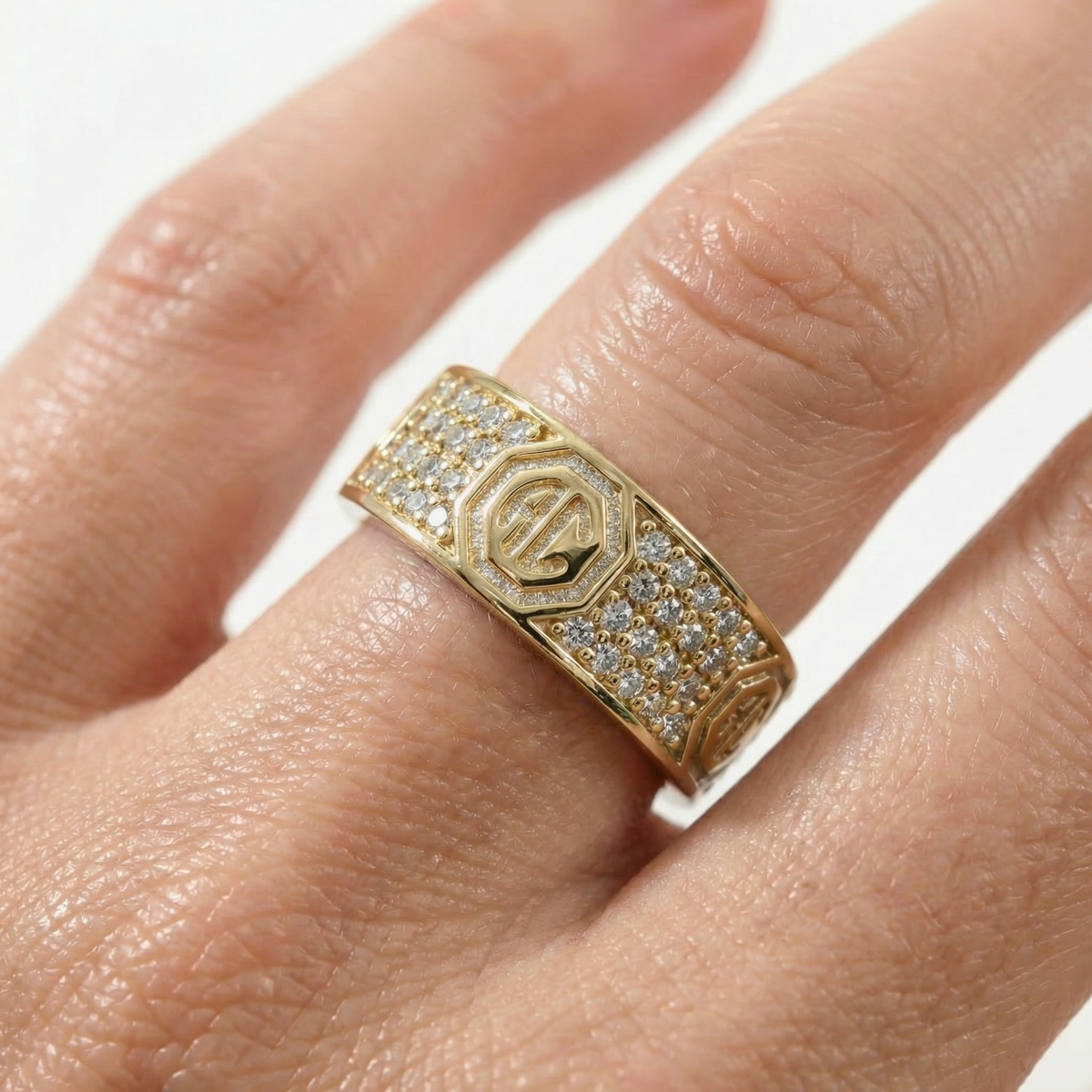 Halo Pave Ring with White Round Stone – on Yellow Gold