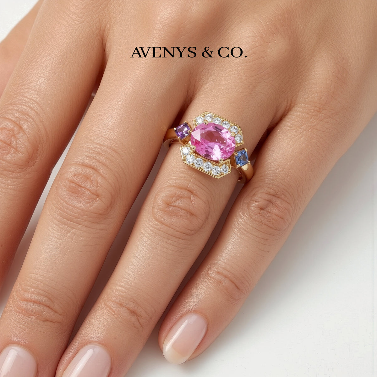 Octavia Halo Ring with Pink Oval Stone – on Yellow Gold