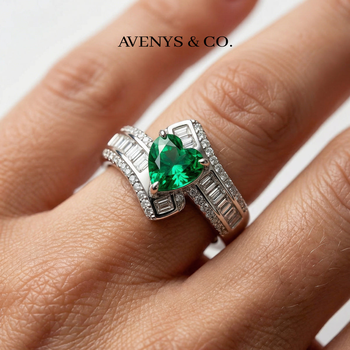 Bypass Pave Ring with Green Heart Stone – on White Gold