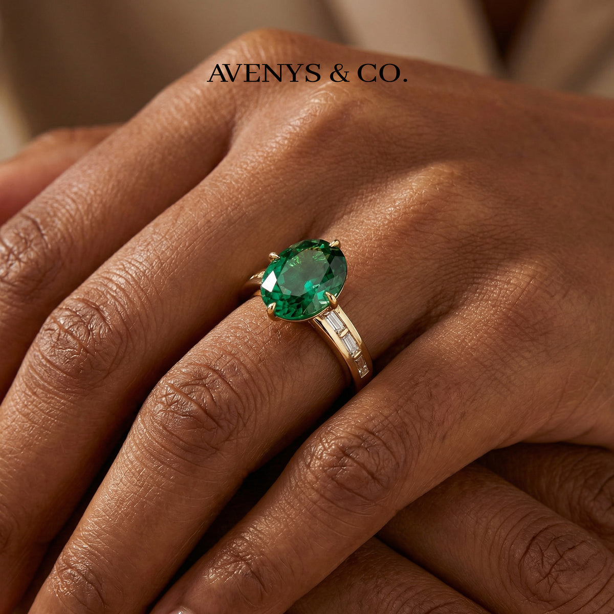 Oval Baguette Ring with Green Oval Stone – on Yellow Gold