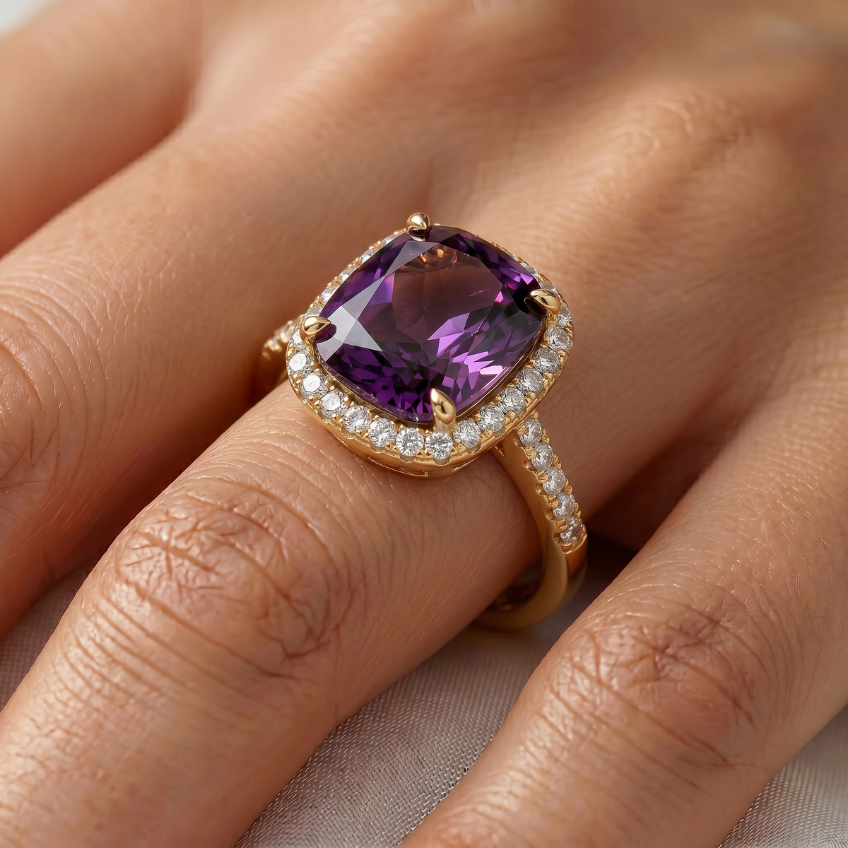 Amethyst Halo Ring with Purple Cushion Stone – on Yellow Gold