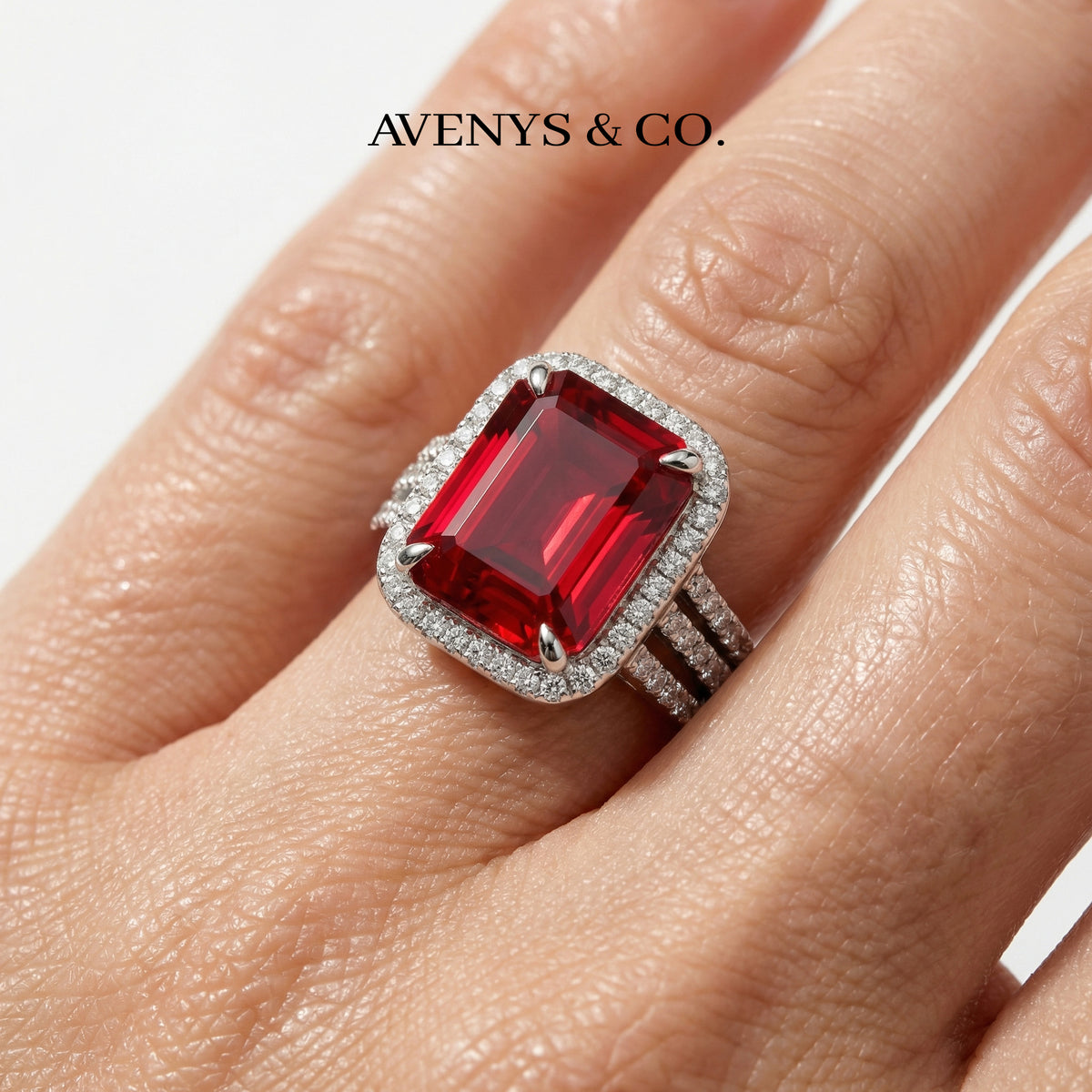 Triple Shank Radiant Ring with Red Radiant Stone – on White Gold