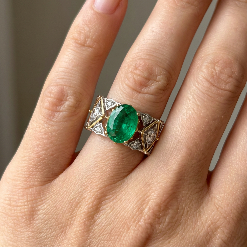 Arabesque Wide Ring with Green Oval Stone – on White Gold