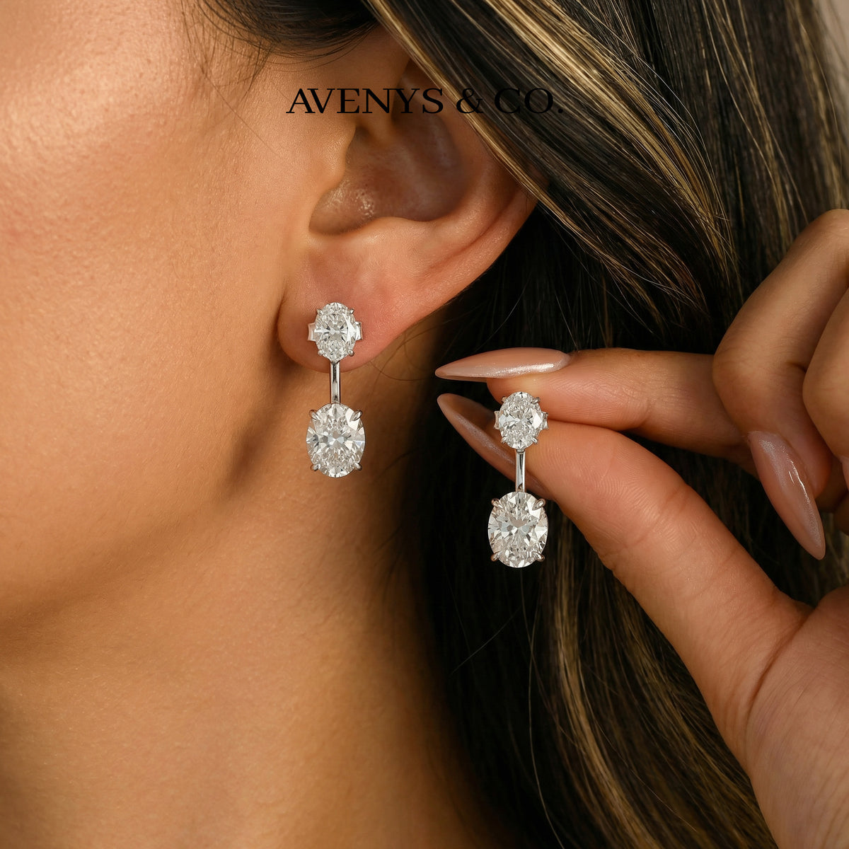 Air Drop Earrings with White Oval Stone – on White Gold