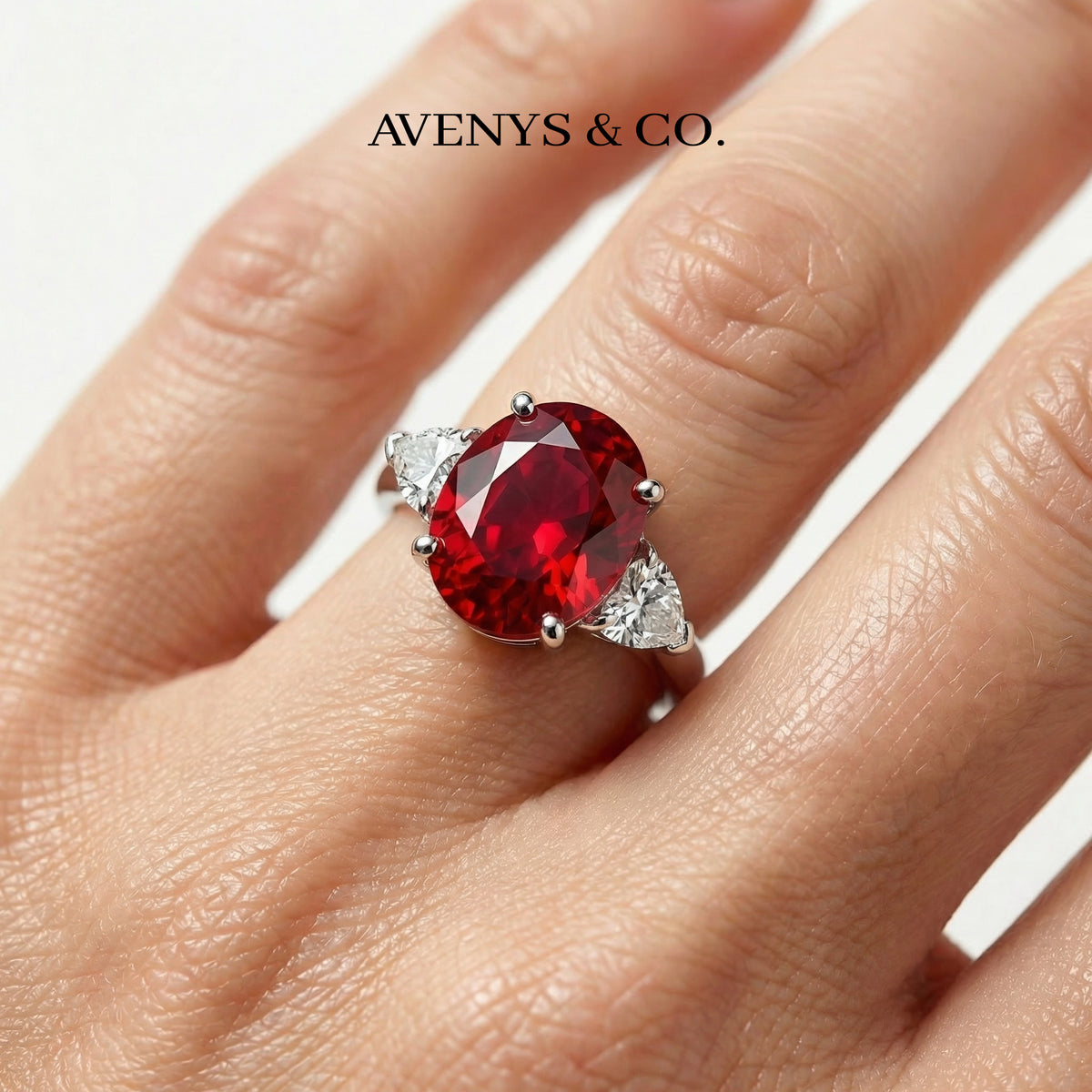 Oval Trilogy Pear Ring with Red Oval Stone – on White Gold