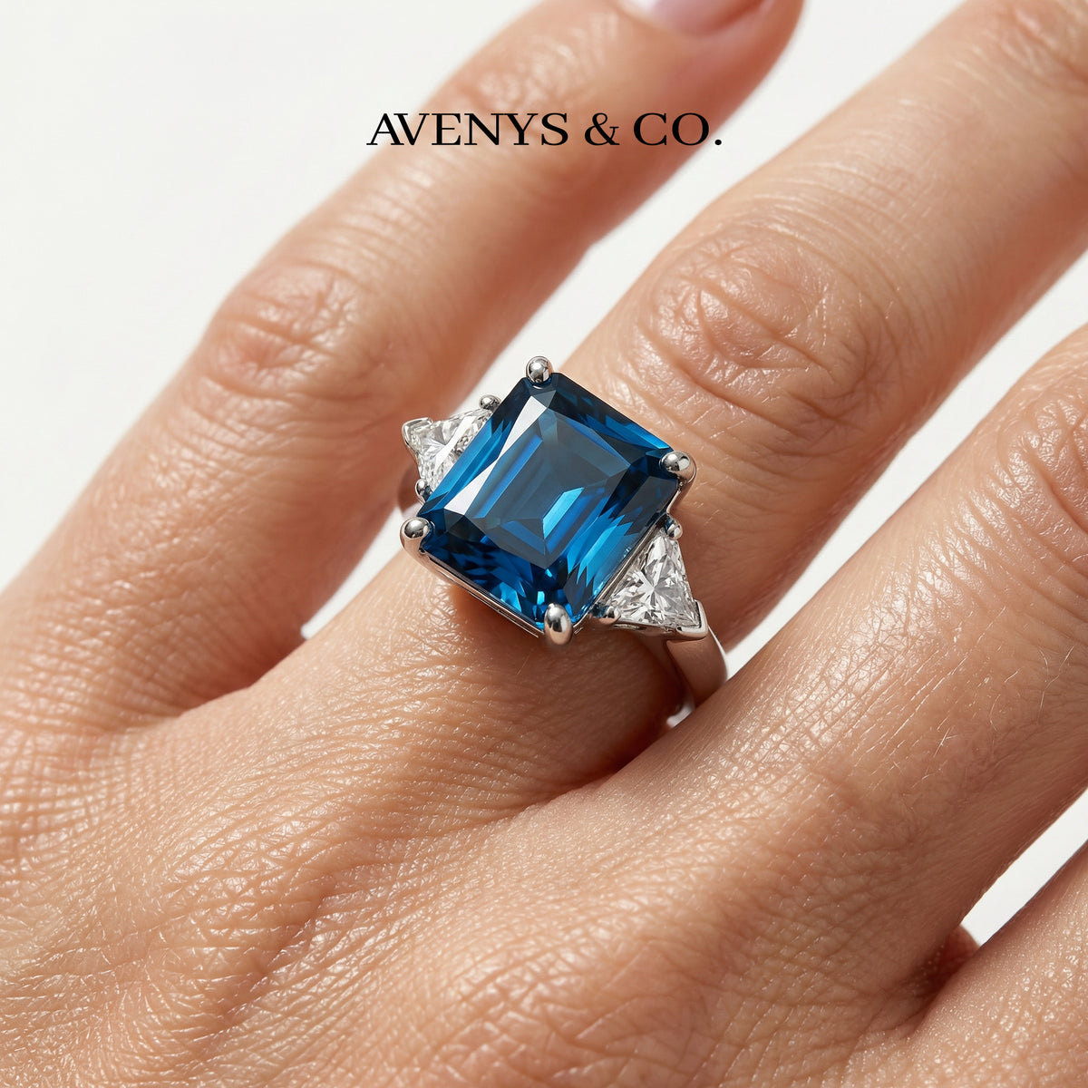 Square Radiant Ring with Blue Radiant Stone – on White Gold