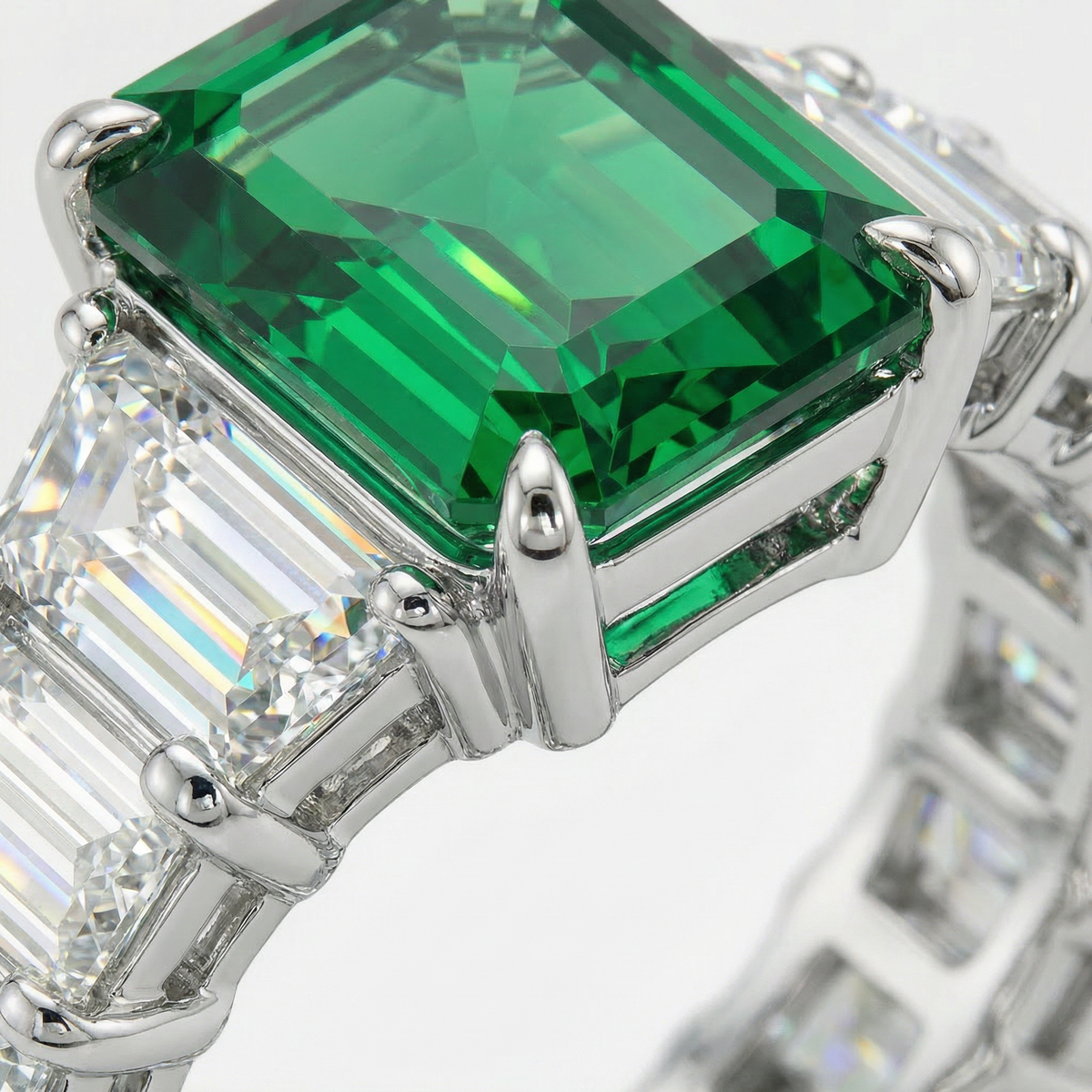 Princess Eternity Ring with Green Radiant Stone – on White Gold