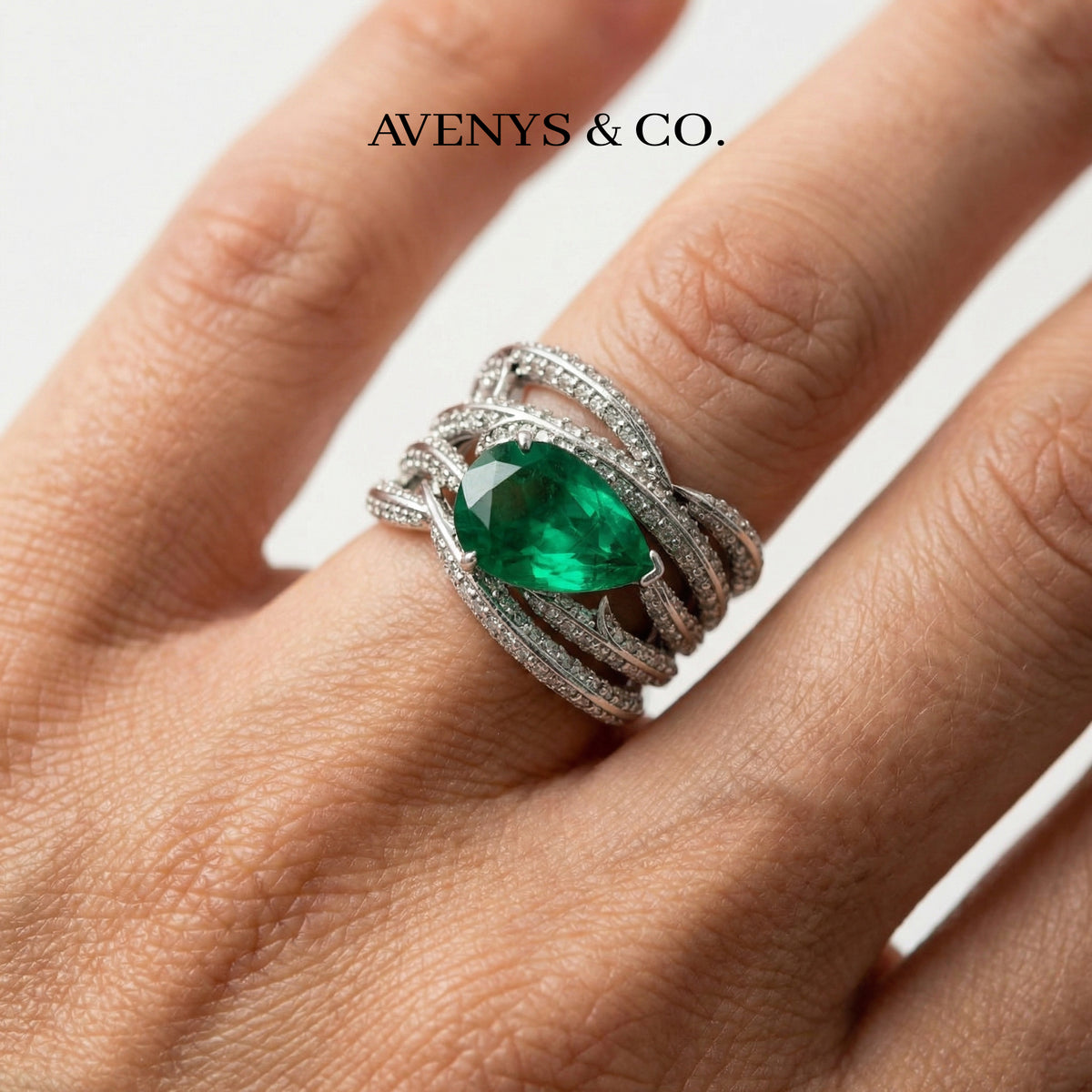 Ribbon Classic Ring with Green Oval Stone – on White Gold