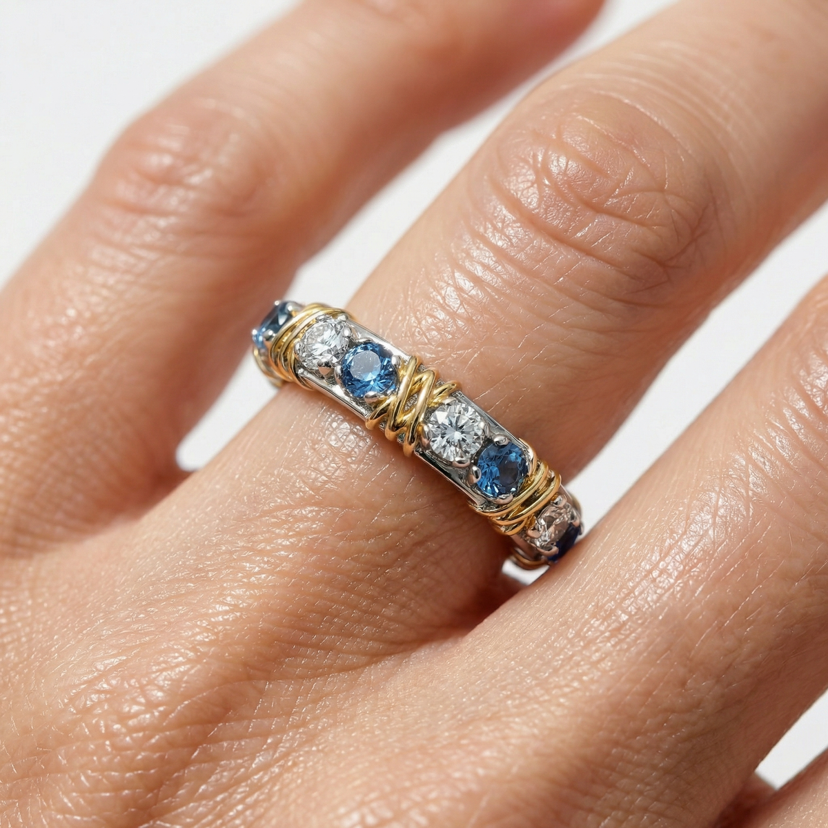AV Signature Ring Womens with Blue Round Stone – on White Gold