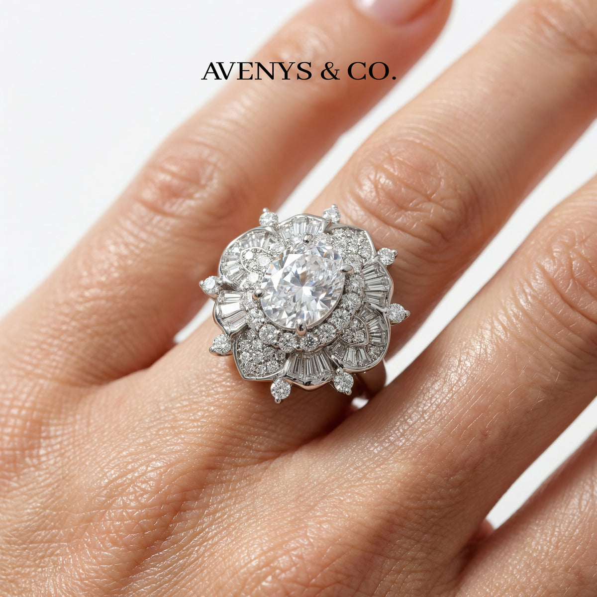 Bloom Burst Ring with White Oval Stone – on White Gold